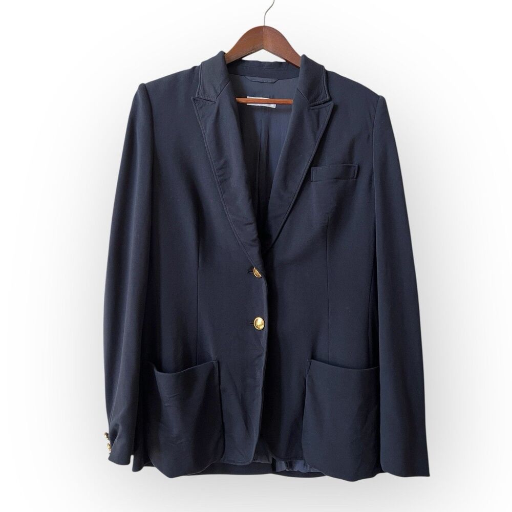 Sonia Bogner Navy Blue Blazer Jacket Women’s Size 10 Gold Logo Buttons Preppy